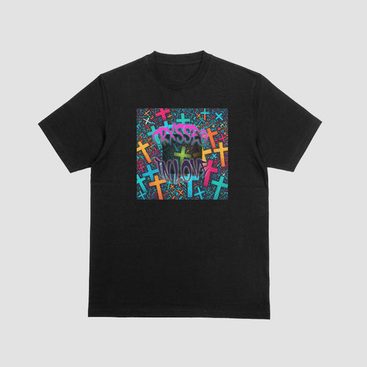 Black t-shirt with colorful 'LOVE' graphic on a colorful background